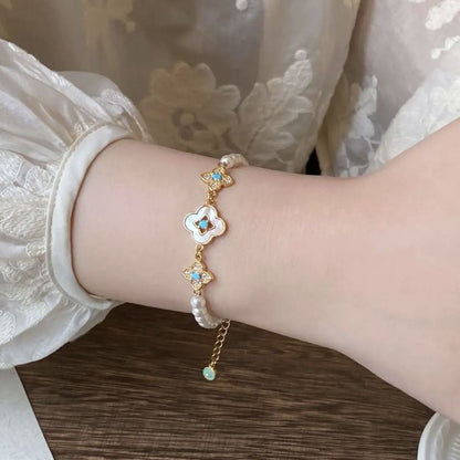 Pearl Flower Bracelet for Women â€“ Adjustable Faux Pearl Beaded Bracelet with Gold Floral Charm, Elegant Lightweight Fashion Wrist Jewellery, Gift Box Included, Bridal, Birthday & Everyday Wear