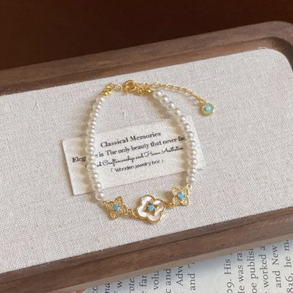Pearl Flower Bracelet for Women â€“ Adjustable Faux Pearl Beaded Bracelet with Gold Floral Charm, Elegant Lightweight Fashion Wrist Jewellery, Gift Box Included, Bridal, Birthday & Everyday Wear