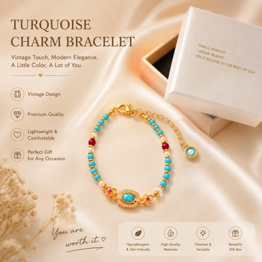 Turquoise Beaded Bracelet for Women â€“ Adjustable Vintage Boho Bracelet with Gold-Tone Oval Charm, Turquoise & Pearl Beads, Lightweight Bohemian Wrist Jewellery