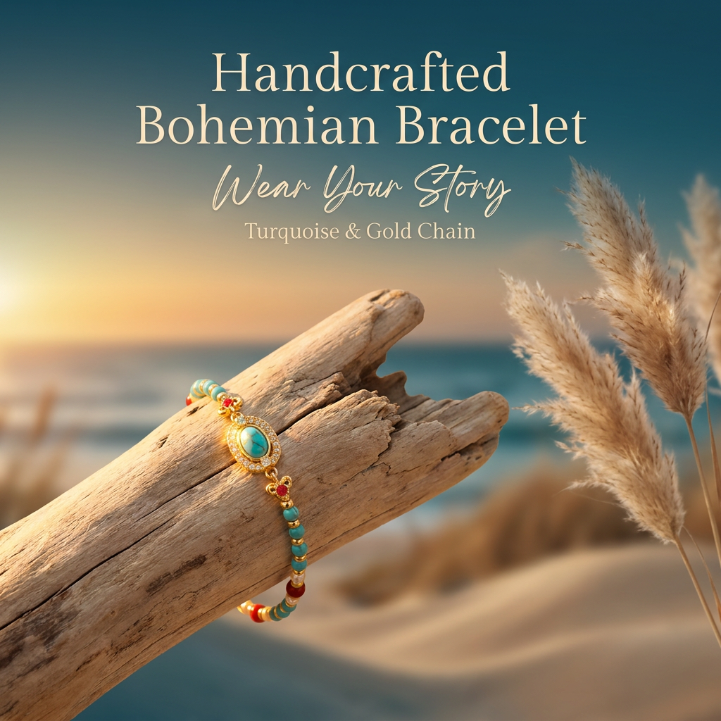 Turquoise Beaded Bracelet for Women â€“ Adjustable Vintage Boho Bracelet with Gold-Tone Oval Charm, Turquoise & Pearl Beads, Lightweight Bohemian Wrist Jewellery