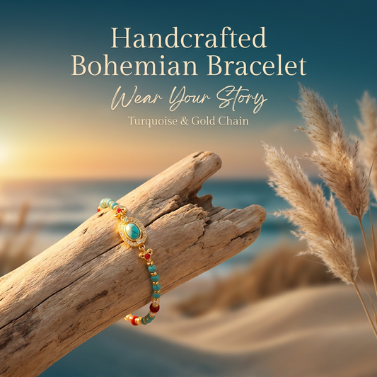 Turquoise Beaded Bracelet for Women â€“ Adjustable Vintage Boho Bracelet with Gold-Tone Oval Charm, Turquoise & Pearl Beads, Lightweight Bohemian Wrist Jewellery