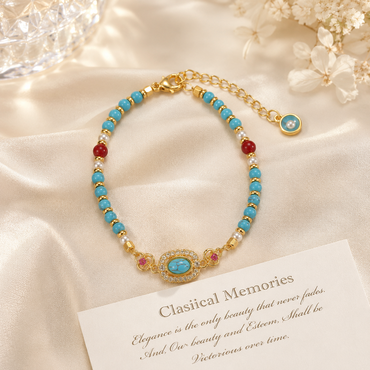 Turquoise Beaded Bracelet for Women â€“ Adjustable Vintage Boho Bracelet with Gold-Tone Oval Charm, Turquoise & Pearl Beads, Lightweight Bohemian Wrist Jewellery