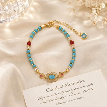 Turquoise Beaded Bracelet for Women â€“ Adjustable Vintage Boho Bracelet with Gold-Tone Oval Charm, Turquoise & Pearl Beads, Lightweight Bohemian Wrist Jewellery