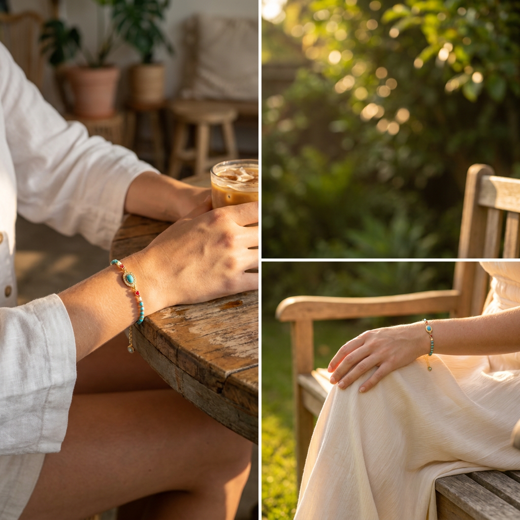 Turquoise Beaded Bracelet for Women â€“ Adjustable Vintage Boho Bracelet with Gold-Tone Oval Charm, Turquoise & Pearl Beads, Lightweight Bohemian Wrist Jewellery