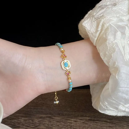 Turquoise Beaded Bracelet for Women â€“ Adjustable Vintage Boho Bracelet with Gold-Tone Oval Charm, Turquoise & Pearl Beads, Lightweight Bohemian Wrist Jewellery