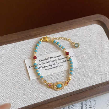 Turquoise Beaded Bracelet for Women â€“ Adjustable Vintage Boho Bracelet with Gold-Tone Oval Charm, Turquoise & Pearl Beads, Lightweight Bohemian Wrist Jewellery