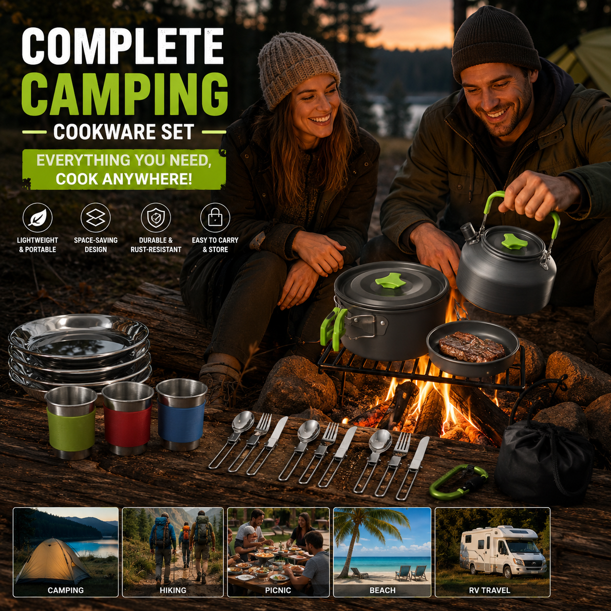Green Camping Cookware Set for 2â€“3 People â€“ Portable Outdoor Cooking Pot, Frying Pan & 1.1L Kettle Kit with Stainless Steel Plates, Cups & Cutlery, Lightweight Non-Stick Camping Cook Set for Hiking, Picnic, Backpacking & RV Travel