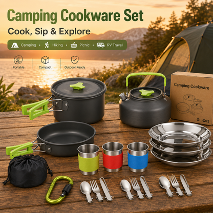 Green Camping Cookware Set for 2â€“3 People â€“ Portable Outdoor Cooking Pot, Frying Pan & 1.1L Kettle Kit with Stainless Steel Plates, Cups & Cutlery, Lightweight Non-Stick Camping Cook Set for Hiking, Picnic, Backpacking & RV Travel