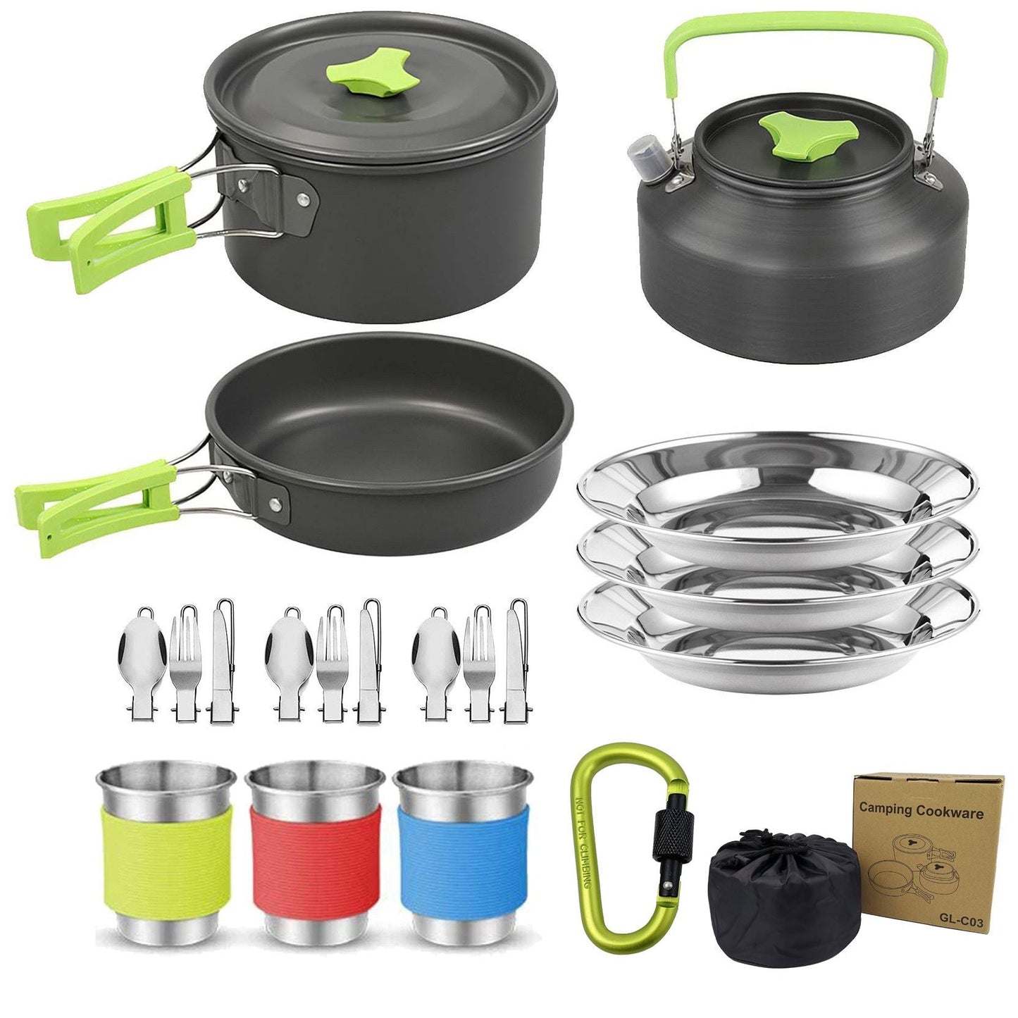Green Camping Cookware Set for 2â€“3 People â€“ Portable Outdoor Cooking Pot, Frying Pan & 1.1L Kettle Kit with Stainless Steel Plates, Cups & Cutlery, Lightweight Non-Stick Camping Cook Set for Hiking, Picnic, Backpacking & RV Travel