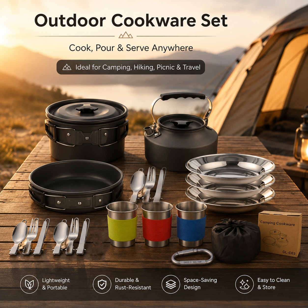Black Camping Cookware Set for 2â€“3 People â€“ Portable Outdoor Cooking Pot, Frying Pan & 1.1L Kettle Kit with Stainless Steel Plates, Cups & Cutlery, Lightweight Non-Stick Camping Cook Set for Hiking, Picnic, Backpacking & RV Travel
