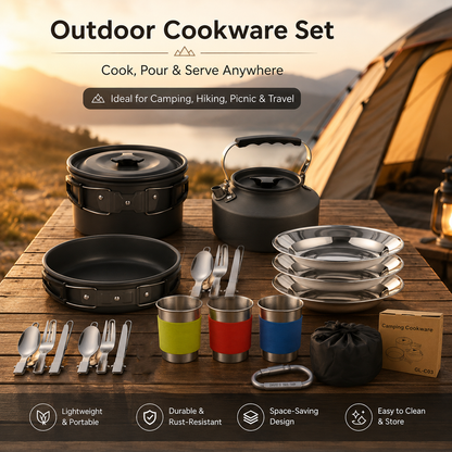 Black Camping Cookware Set for 2â€“3 People â€“ Portable Outdoor Cooking Pot, Frying Pan & 1.1L Kettle Kit with Stainless Steel Plates, Cups & Cutlery, Lightweight Non-Stick Camping Cook Set for Hiking, Picnic, Backpacking & RV Travel