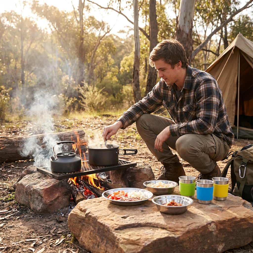 Black Camping Cookware Set for 2â€“3 People â€“ Portable Outdoor Cooking Pot, Frying Pan & 1.1L Kettle Kit with Stainless Steel Plates, Cups & Cutlery, Lightweight Non-Stick Camping Cook Set for Hiking, Picnic, Backpacking & RV Travel