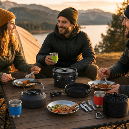 Black Camping Cookware Set for 2â€“3 People â€“ Portable Outdoor Cooking Pot, Frying Pan & 1.1L Kettle Kit with Stainless Steel Plates, Cups & Cutlery, Lightweight Non-Stick Camping Cook Set for Hiking, Picnic, Backpacking & RV Travel