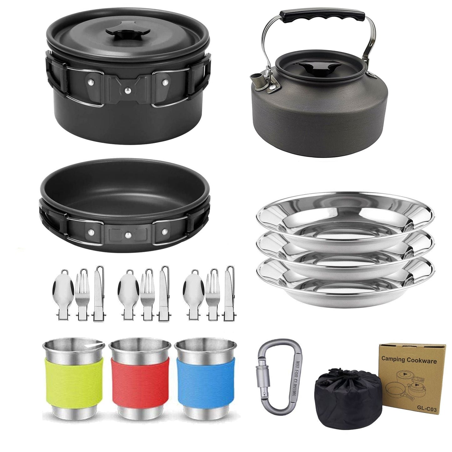 Black Camping Cookware Set for 2â€“3 People â€“ Portable Outdoor Cooking Pot, Frying Pan & 1.1L Kettle Kit with Stainless Steel Plates, Cups & Cutlery, Lightweight Non-Stick Camping Cook Set for Hiking, Picnic, Backpacking & RV Travel