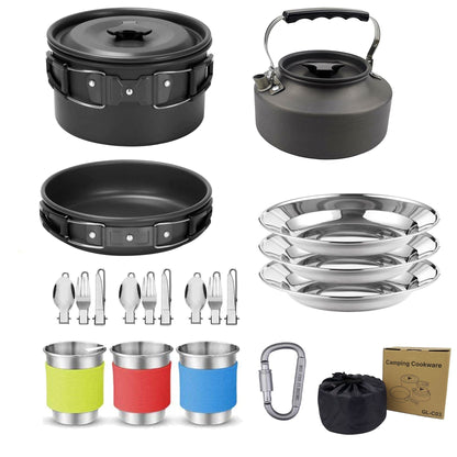 Black Camping Cookware Set for 2â€“3 People â€“ Portable Outdoor Cooking Pot, Frying Pan & 1.1L Kettle Kit with Stainless Steel Plates, Cups & Cutlery, Lightweight Non-Stick Camping Cook Set for Hiking, Picnic, Backpacking & RV Travel