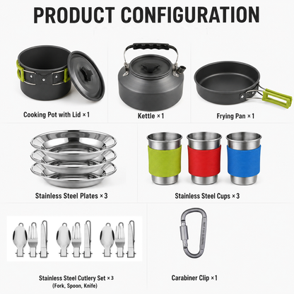 Black Camping Cookware Set for 2â€“3 People â€“ Portable Outdoor Cooking Pot, Frying Pan & 1.1L Kettle Kit with Stainless Steel Plates, Cups & Cutlery, Lightweight Non-Stick Camping Cook Set for Hiking, Picnic, Backpacking & RV Travel