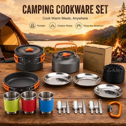 Orange Camping Cookware Set for 2â€“3 People â€“ Portable Outdoor Cooking Pot, Frying Pan & 1.1L Kettle Kit with Stainless Steel Plates, Cups & Cutlery, Lightweight Non-Stick Camping Cook Set for Hiking, Picnic, Backpacking & RV Travel
