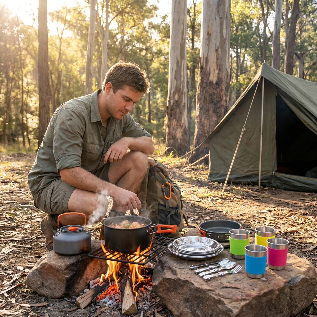 Orange Camping Cookware Set for 2â€“3 People â€“ Portable Outdoor Cooking Pot, Frying Pan & 1.1L Kettle Kit with Stainless Steel Plates, Cups & Cutlery, Lightweight Non-Stick Camping Cook Set for Hiking, Picnic, Backpacking & RV Travel