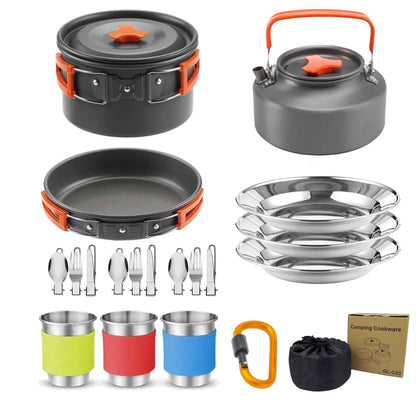 Orange Camping Cookware Set for 2â€“3 People â€“ Portable Outdoor Cooking Pot, Frying Pan & 1.1L Kettle Kit with Stainless Steel Plates, Cups & Cutlery, Lightweight Non-Stick Camping Cook Set for Hiking, Picnic, Backpacking & RV Travel
