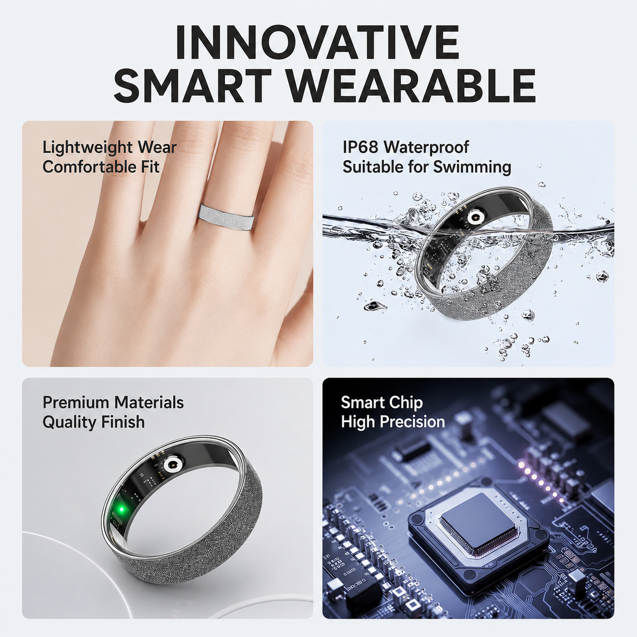 Smart Ring Size 10 (Silver) â€“ Frosted Silver Wellness Tracker with Heart Rate, Blood Oxygen, Sleep, Steps and Mood Monitoring, IP68 Waterproof USB Magnetic Charging Ring