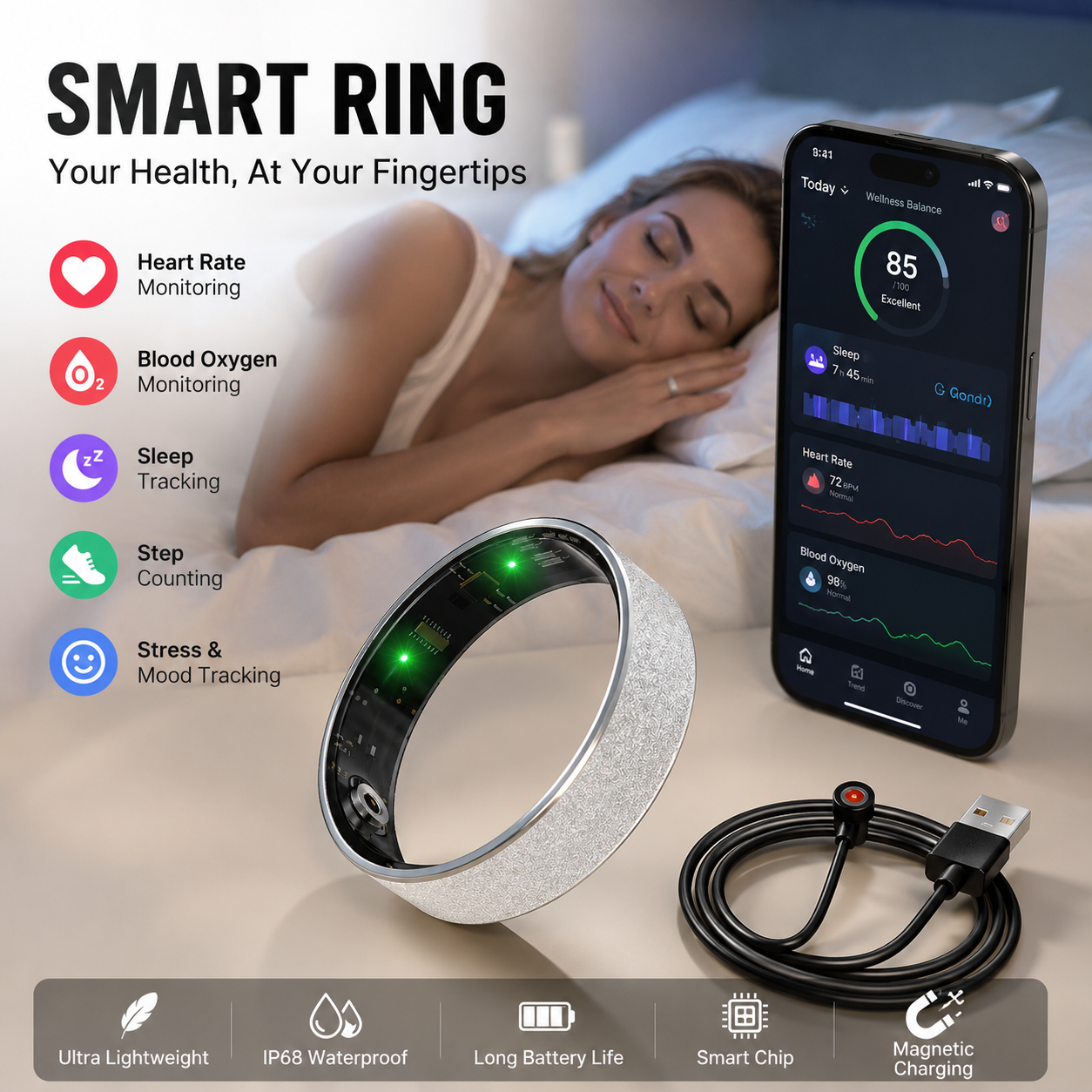 Smart Ring Size 12 (Silver) â€“ Frosted Silver Wellness Tracker with Heart Rate, Blood Oxygen, Sleep, Steps and Mood Monitoring, IP68 Waterproof USB Magnetic Charging Ring