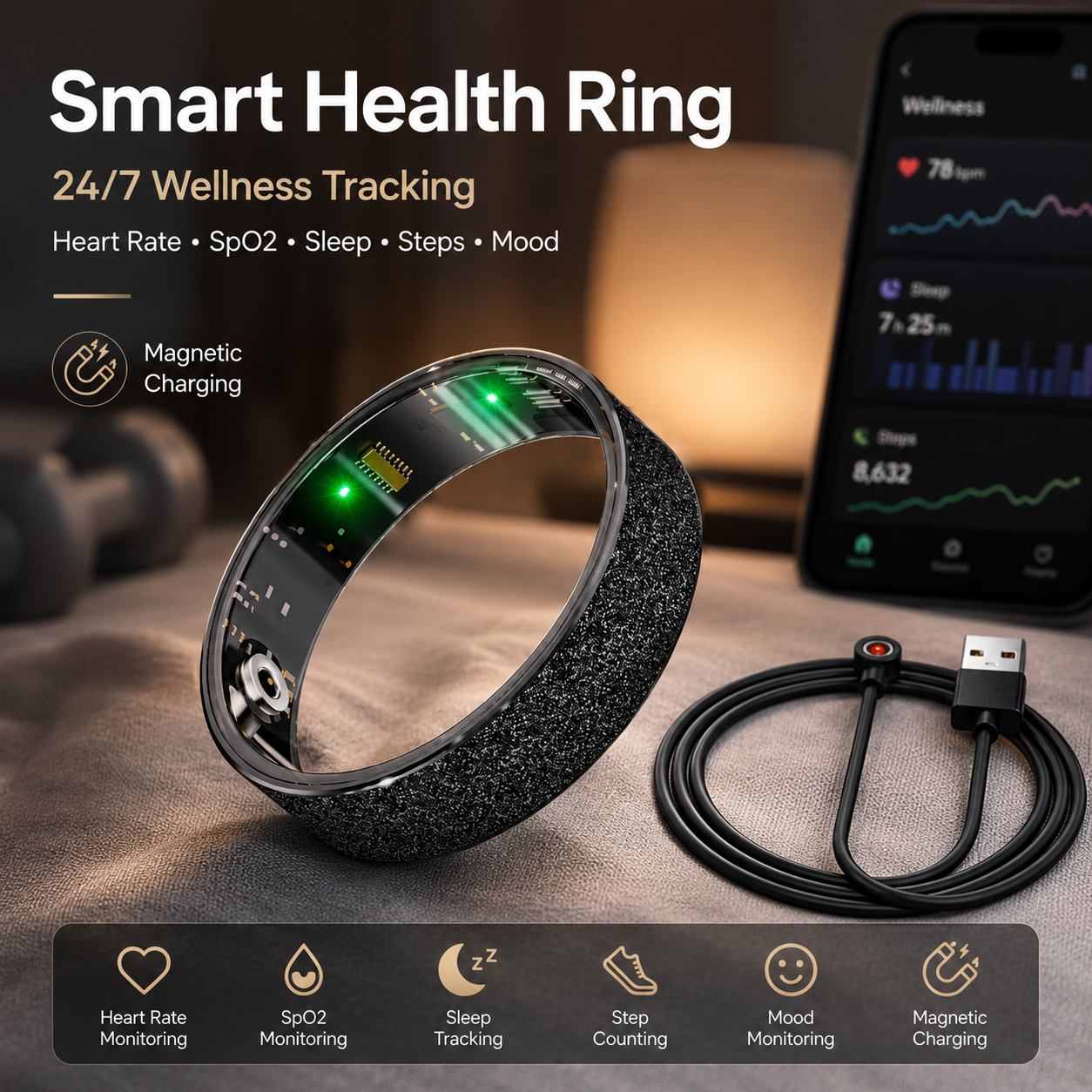 Smart Ring Size 9 (Black) â€“ Frosted Black Wellness Tracker with Heart Rate, Blood Oxygen, Sleep, Steps and Mood Monitoring, IP68 Waterproof USB Magnetic Charging Ring