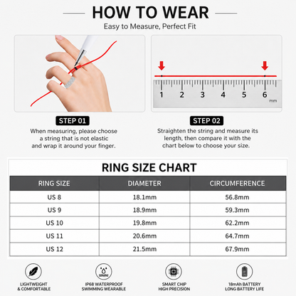 Smart Ring Size 8 (Black) â€“ Frosted Black Wellness Tracker with Heart Rate, Blood Oxygen, Sleep, Steps and Mood Monitoring, IP68 Waterproof USB Magnetic Charging Ring