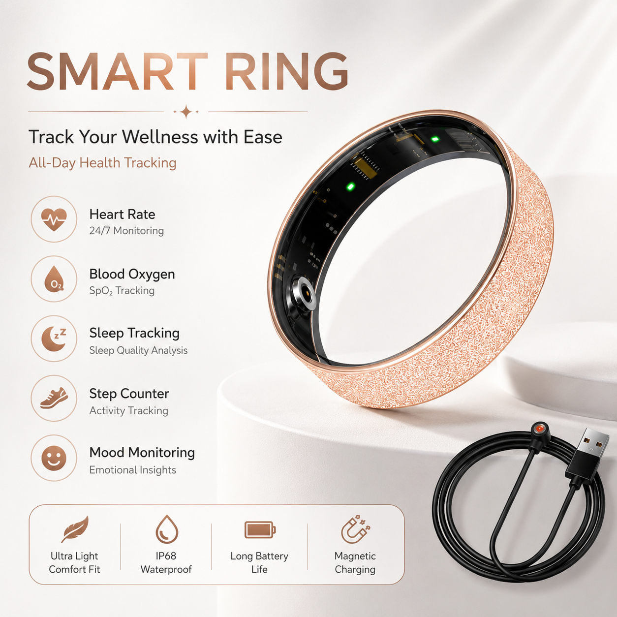 Smart Ring Size 9 (Rose Gold) â€“ Frosted Rose Gold Wellness Tracker with Heart Rate, Blood Oxygen, Sleep, Steps and Mood Monitoring, IP68 Waterproof USB Magnetic Charging Ring