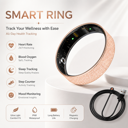 Smart Ring Size 11 (Rose Gold) â€“ Frosted Rose Gold Wellness Tracker with Heart Rate, Blood Oxygen, Sleep, Steps and Mood Monitoring, IP68 Waterproof USB Magnetic Charging Ring