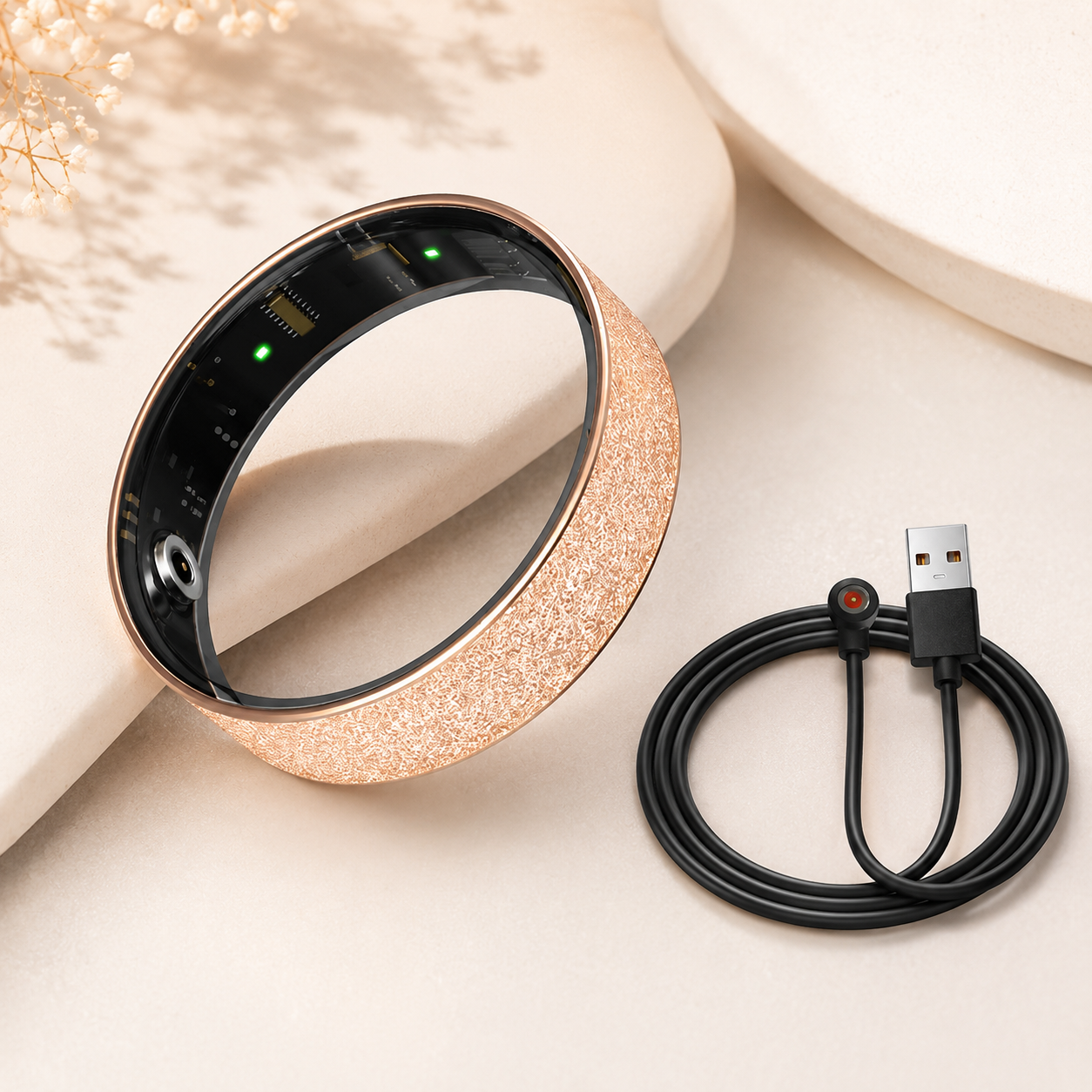 Smart Ring Size 8 (Rose Gold) â€“ Frosted Rose Gold Wellness Tracker with Heart Rate, Blood Oxygen, Sleep, Steps and Mood Monitoring, IP68 Waterproof USB Magnetic Charging Ring