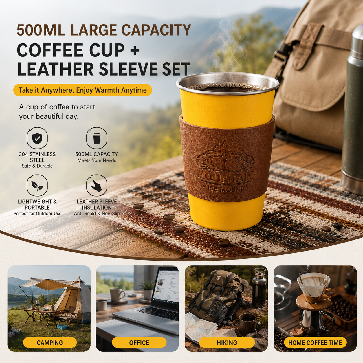 Yellow 304 Stainless Steel Camping Coffee Cup  with Leather Sleeve â€“ 500ml Portable Outdoor Drinking Cup, Beer Cup, Travel Mug for Camping, Hiking, Picnic and Daily Coffee