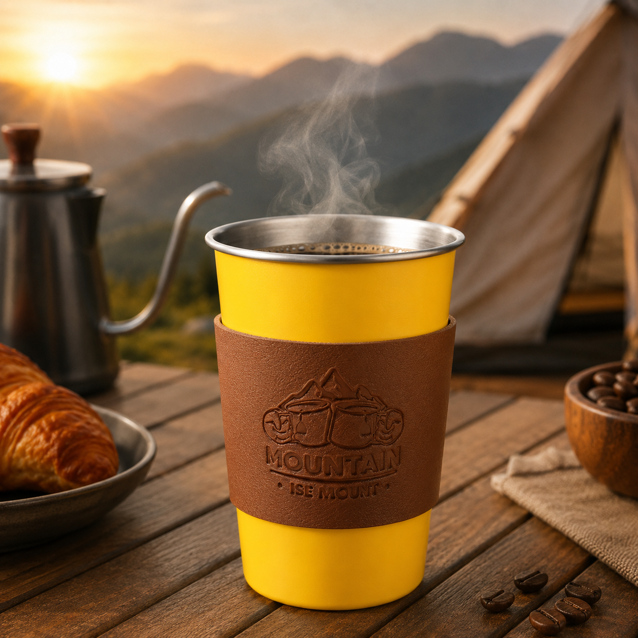 Yellow 304 Stainless Steel Camping Coffee Cup  with Leather Sleeve â€“ 500ml Portable Outdoor Drinking Cup, Beer Cup, Travel Mug for Camping, Hiking, Picnic and Daily Coffee