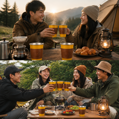 Yellow 304 Stainless Steel Camping Coffee Cup  with Leather Sleeve â€“ 500ml Portable Outdoor Drinking Cup, Beer Cup, Travel Mug for Camping, Hiking, Picnic and Daily Coffee