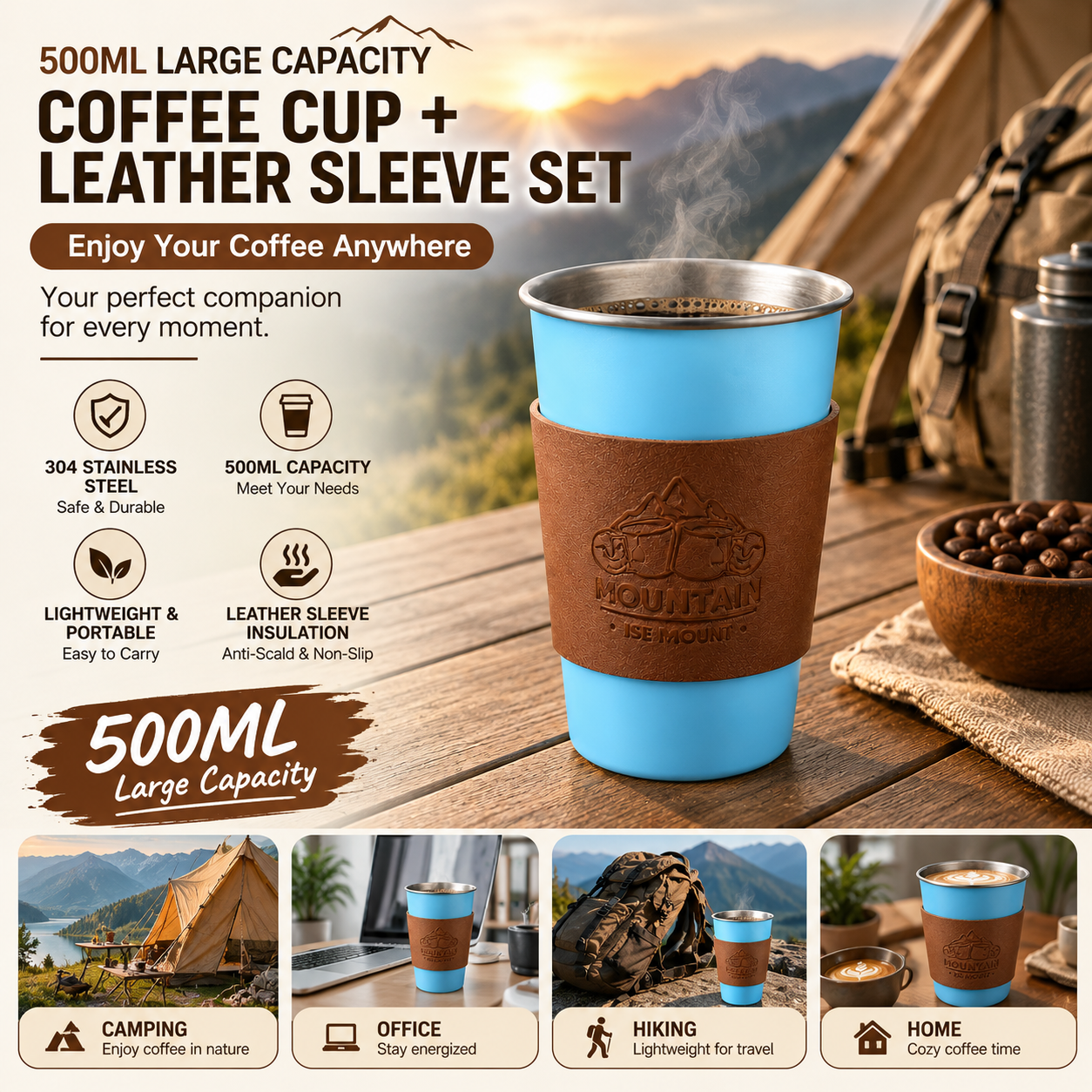 Blue 304 Stainless Steel Camping Coffee Cup  with Leather Sleeve â€“ 500ml Portable Outdoor Drinking Cup, Beer Cup, Travel Mug for Camping, Hiking, Picnic and Daily Coffee