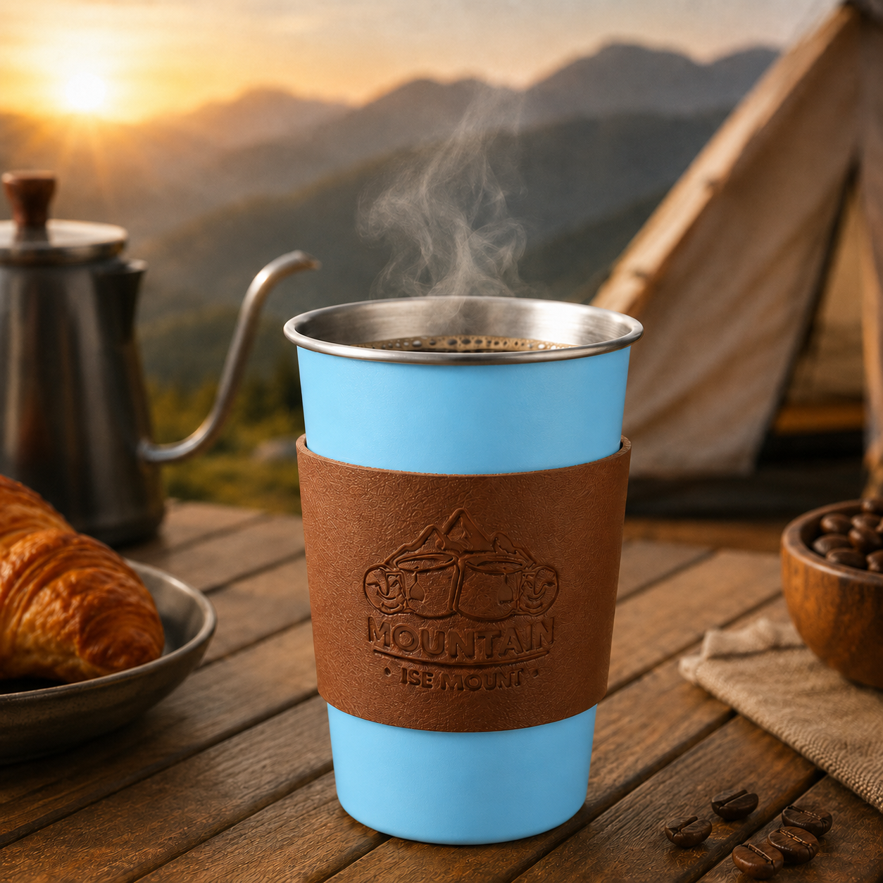 Blue 304 Stainless Steel Camping Coffee Cup  with Leather Sleeve â€“ 500ml Portable Outdoor Drinking Cup, Beer Cup, Travel Mug for Camping, Hiking, Picnic and Daily Coffee