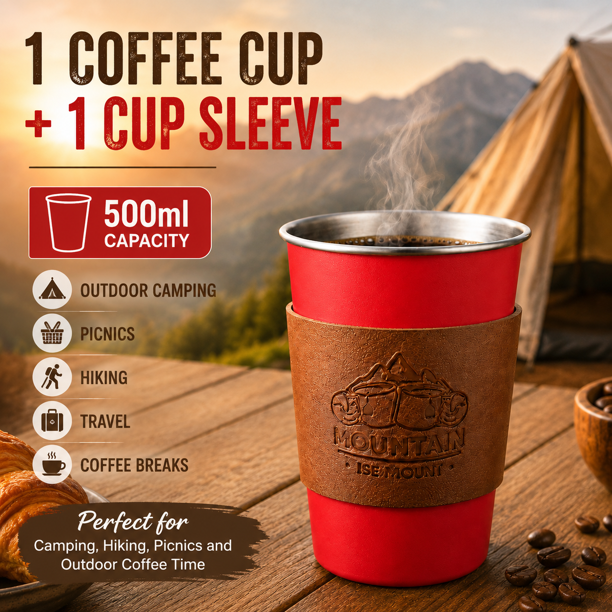 Red 304 Stainless Steel Camping Coffee Cup  with Leather Sleeve â€“ 500ml Portable Outdoor Drinking Cup, Beer Cup, Travel Mug for Camping, Hiking, Picnic and Daily Coffee