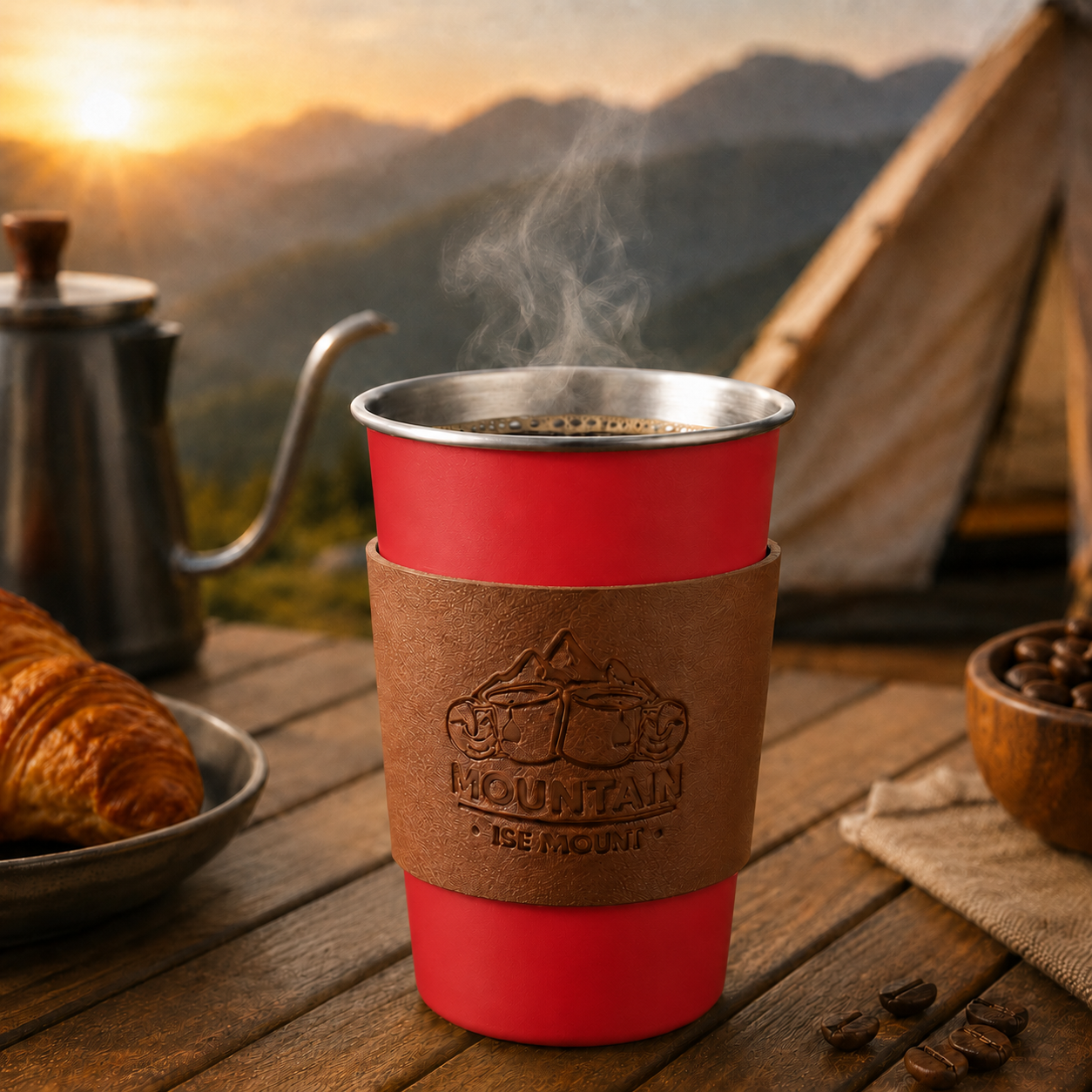 Red 304 Stainless Steel Camping Coffee Cup  with Leather Sleeve â€“ 500ml Portable Outdoor Drinking Cup, Beer Cup, Travel Mug for Camping, Hiking, Picnic and Daily Coffee