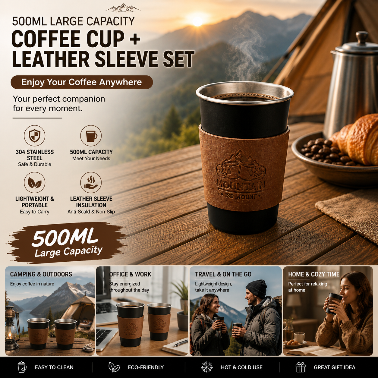 Black 304 Stainless Steel Camping Coffee Cup  with Leather Sleeve â€“ 500ml Portable Outdoor Drinking Cup, Beer Cup, Travel Mug for Camping, Hiking, Picnic and Daily Coffee