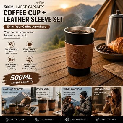 Black 304 Stainless Steel Camping Coffee Cup  with Leather Sleeve â€“ 500ml Portable Outdoor Drinking Cup, Beer Cup, Travel Mug for Camping, Hiking, Picnic and Daily Coffee