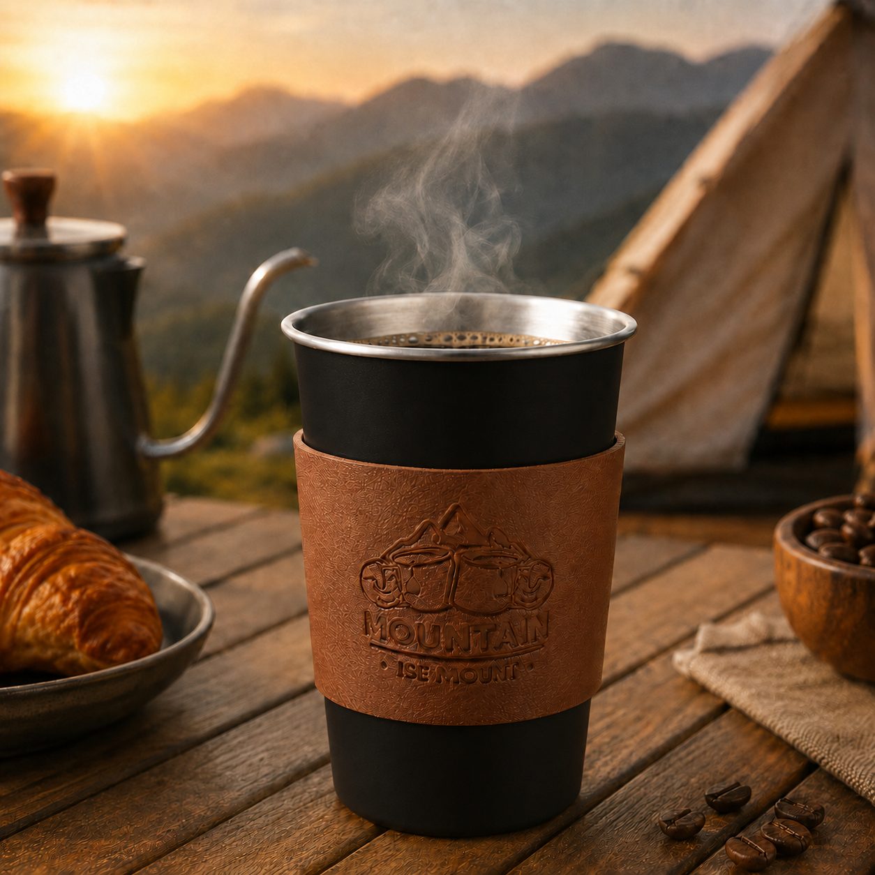 Black 304 Stainless Steel Camping Coffee Cup  with Leather Sleeve â€“ 500ml Portable Outdoor Drinking Cup, Beer Cup, Travel Mug for Camping, Hiking, Picnic and Daily Coffee
