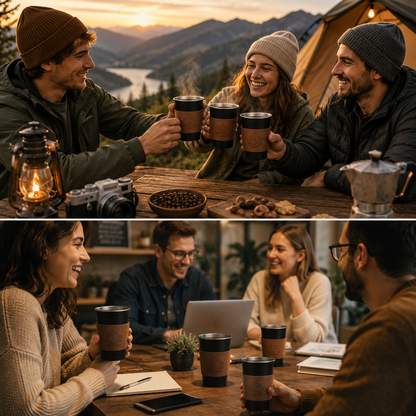 Black 304 Stainless Steel Camping Coffee Cup  with Leather Sleeve â€“ 500ml Portable Outdoor Drinking Cup, Beer Cup, Travel Mug for Camping, Hiking, Picnic and Daily Coffee