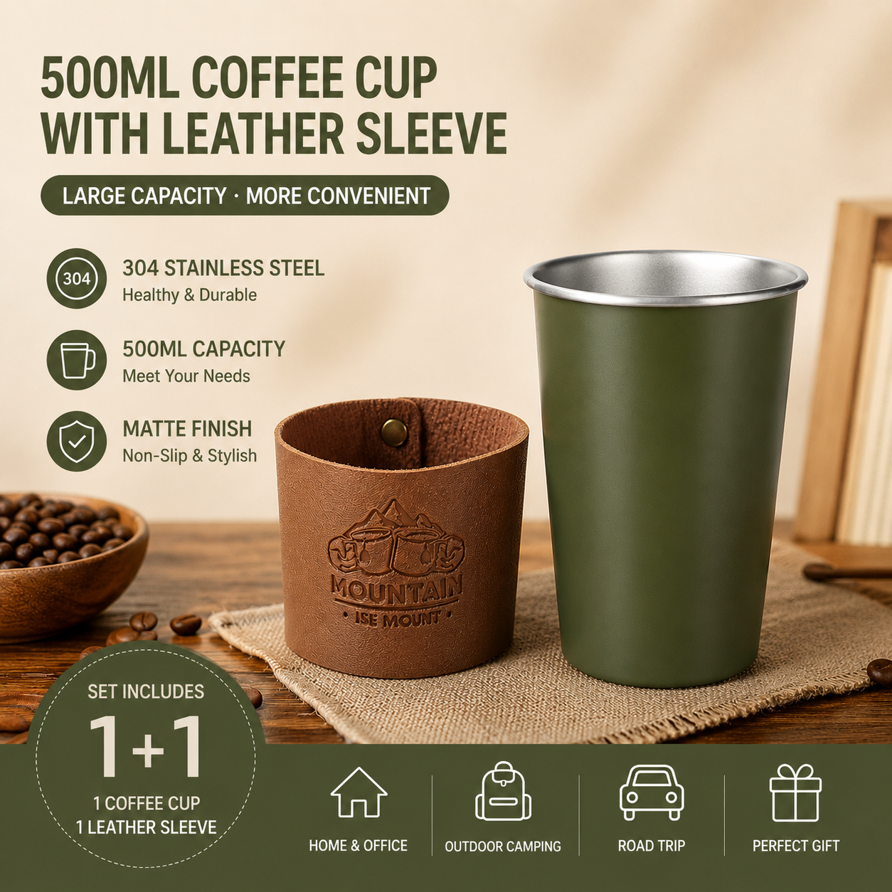 Green 304 Stainless Steel Camping Coffee Cup  with Leather Sleeve â€“ 500ml Portable Outdoor Drinking Cup, Beer Cup, Travel Mug for Camping, Hiking, Picnic and Daily Coffee