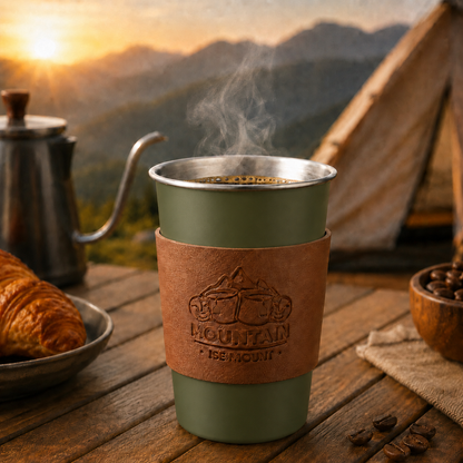 Green 304 Stainless Steel Camping Coffee Cup  with Leather Sleeve â€“ 500ml Portable Outdoor Drinking Cup, Beer Cup, Travel Mug for Camping, Hiking, Picnic and Daily Coffee