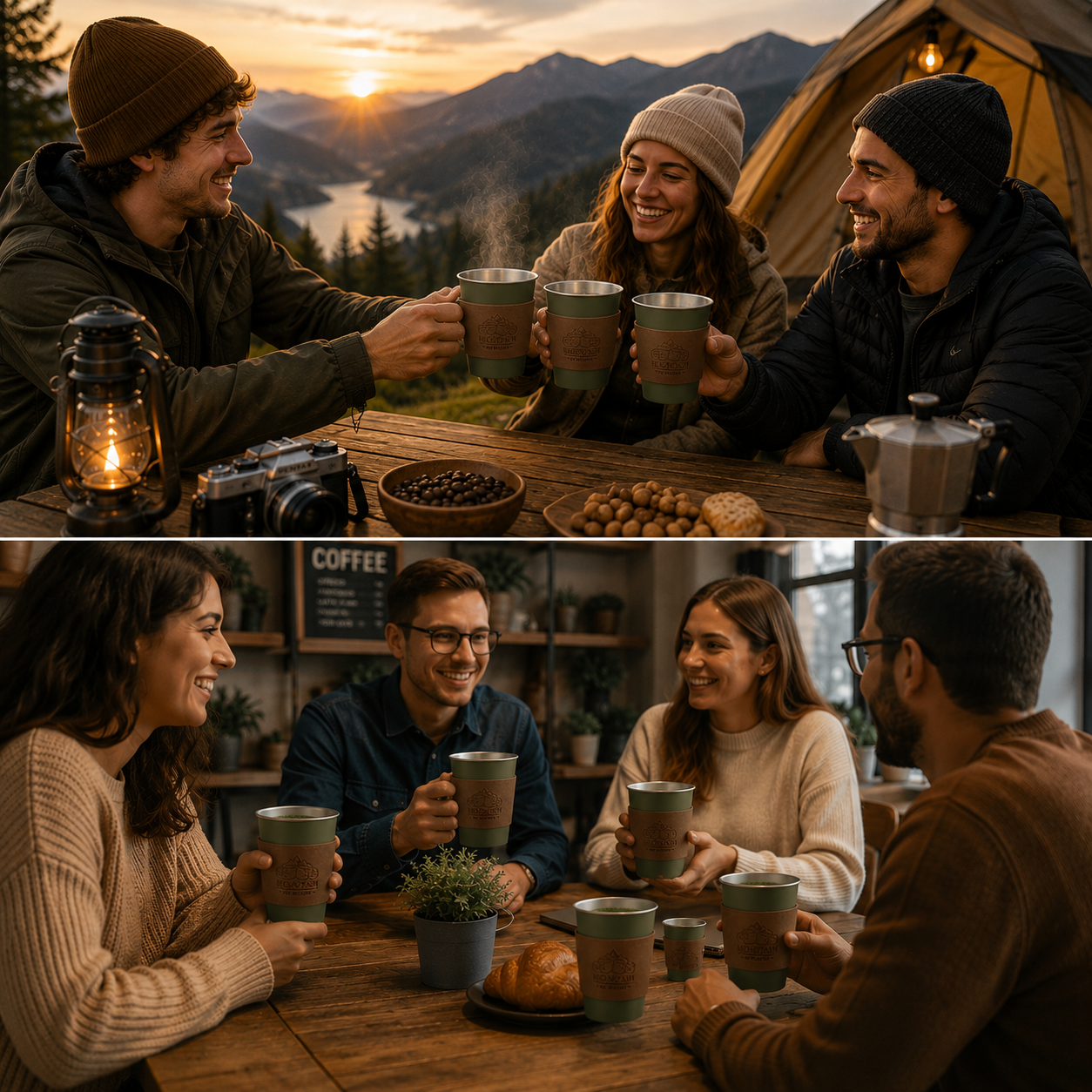 Green 304 Stainless Steel Camping Coffee Cup  with Leather Sleeve â€“ 500ml Portable Outdoor Drinking Cup, Beer Cup, Travel Mug for Camping, Hiking, Picnic and Daily Coffee