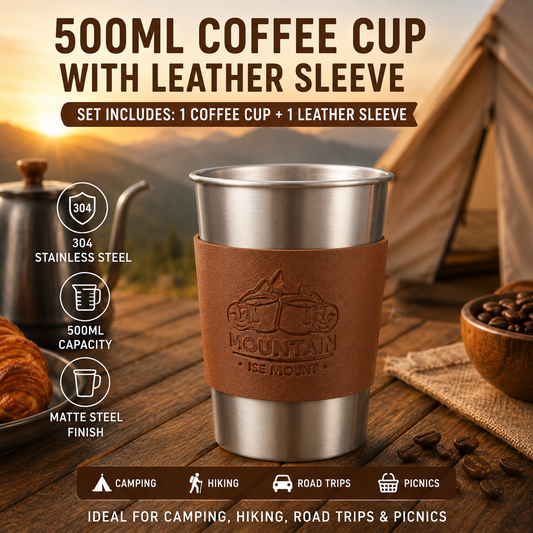 Silver 304 Stainless Steel Camping Coffee Cup  with Leather Sleeve â€“ 500ml Portable Outdoor Drinking Cup, Beer Cup, Travel Mug for Camping, Hiking, Picnic and Daily Coffee