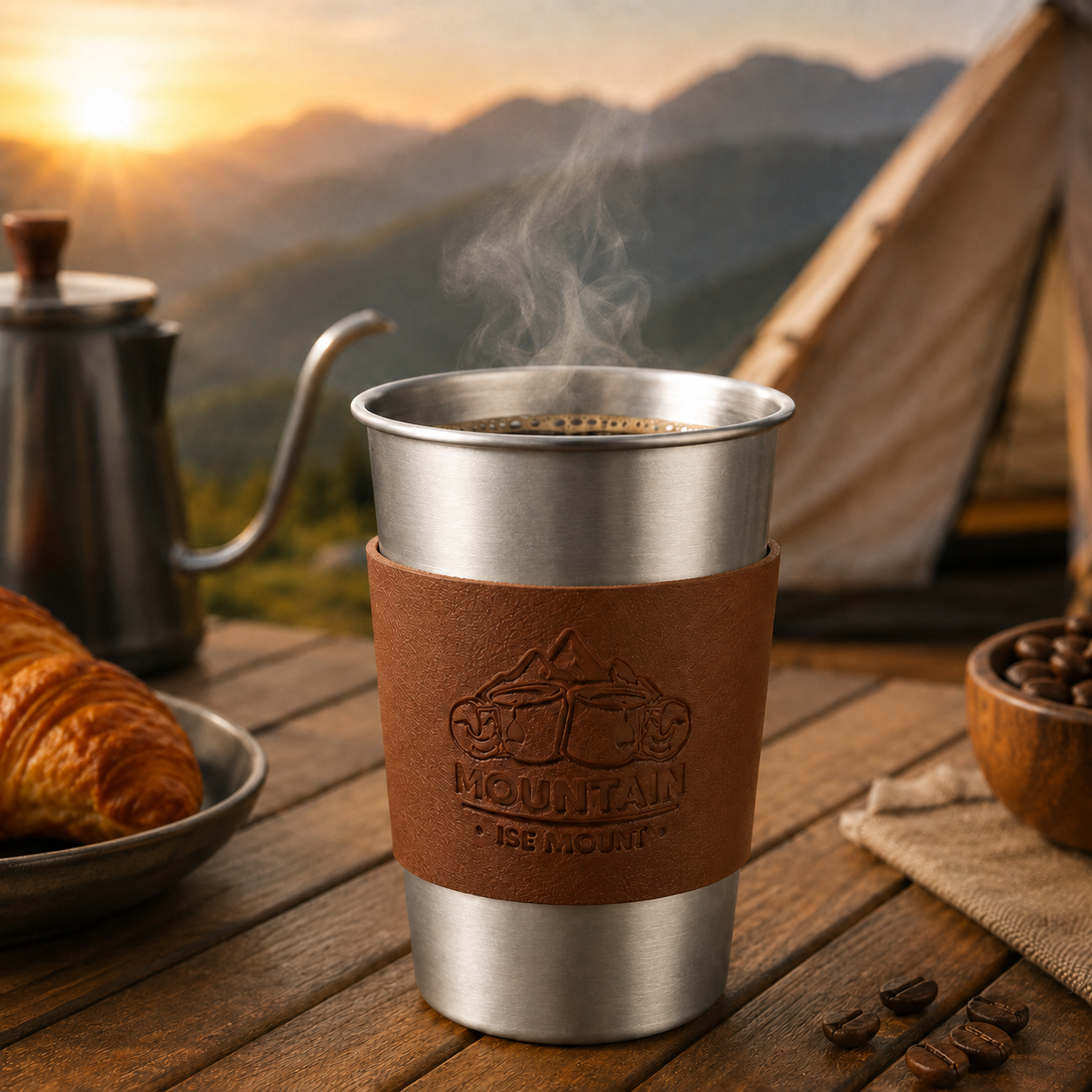 Silver 304 Stainless Steel Camping Coffee Cup  with Leather Sleeve â€“ 500ml Portable Outdoor Drinking Cup, Beer Cup, Travel Mug for Camping, Hiking, Picnic and Daily Coffee