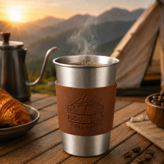 Silver 304 Stainless Steel Camping Coffee Cup  with Leather Sleeve â€“ 500ml Portable Outdoor Drinking Cup, Beer Cup, Travel Mug for Camping, Hiking, Picnic and Daily Coffee