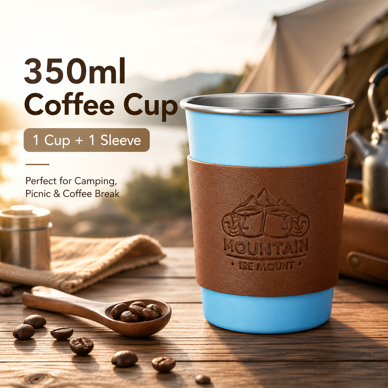 Blue 304 Stainless Steel Camping Coffee Cup  with Leather Sleeve â€“ 350ml Portable Outdoor Drinking Cup, Beer Cup, Travel Mug for Camping, Hiking, Picnic and Daily Coffee