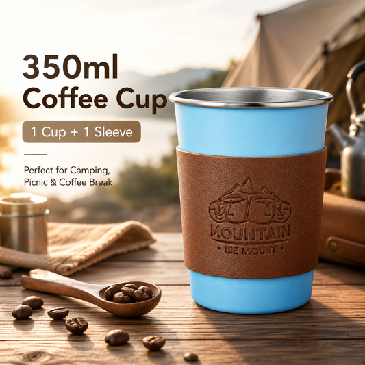 Blue 304 Stainless Steel Camping Coffee Cup  with Leather Sleeve â€“ 350ml Portable Outdoor Drinking Cup, Beer Cup, Travel Mug for Camping, Hiking, Picnic and Daily Coffee