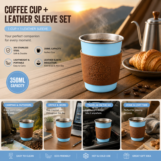 Blue 304 Stainless Steel Camping Coffee Cup  with Leather Sleeve â€“ 350ml Portable Outdoor Drinking Cup, Beer Cup, Travel Mug for Camping, Hiking, Picnic and Daily Coffee